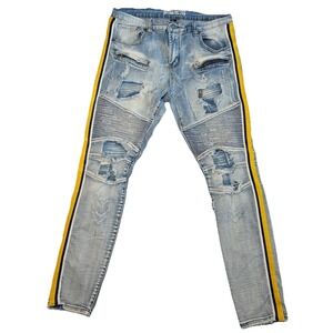 Jewel House Biker Jeans Men's 36x33 Light Wash Moto Distressed‎ Stripe Denim Y2K
